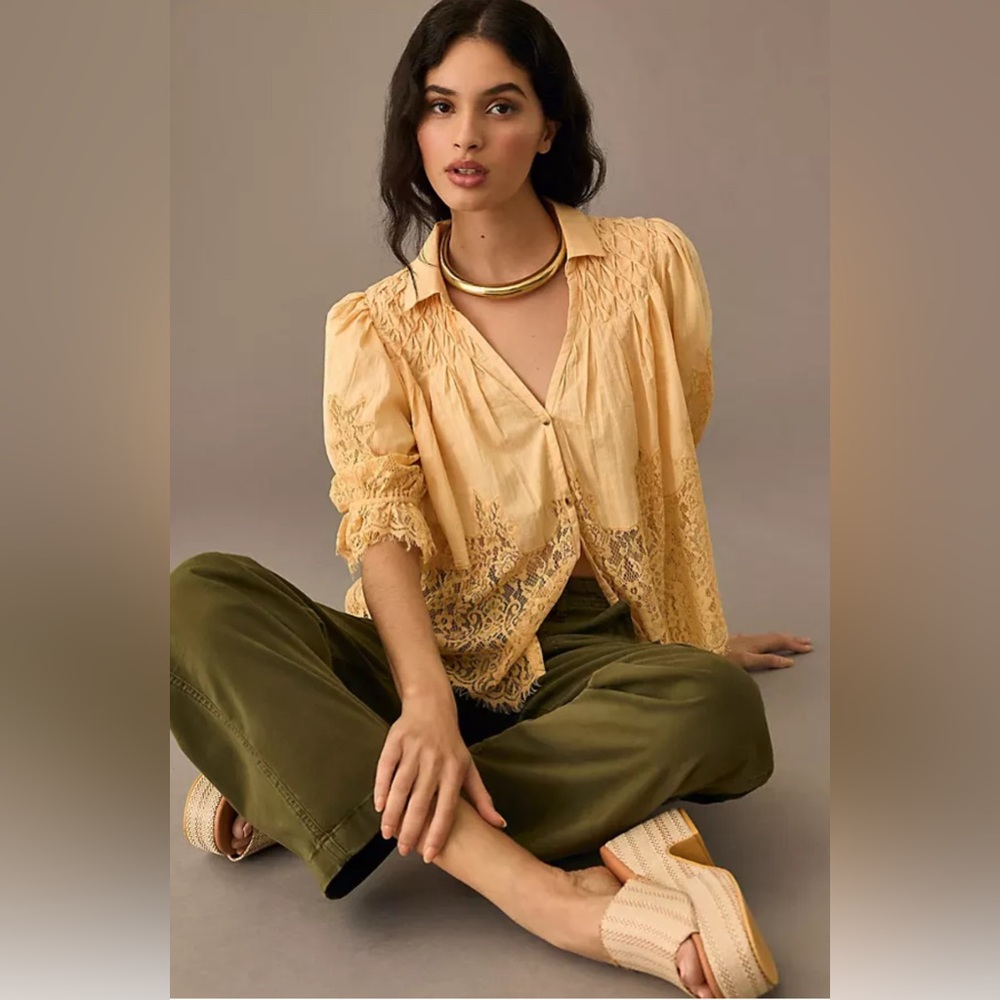 By Anthropologie Victorian Sheer-Lace Buttery yellow Blouse XL Dainty Boho Top
